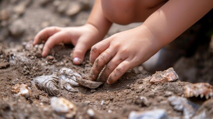 A closeup image of a childs hands carefully removing dirt from a delicate fossil highlighting the precision and concentration needed for successful fossil digs.