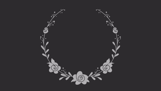 Animated organic frame with leaves and rose flowers forming a circle. White on a transparent background
