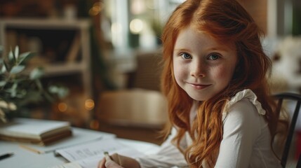 little schoolgirl with ginger hair. doing homework