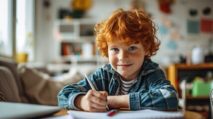 little schoolboy with ginger hair. sit at the table, look bored, doing homework