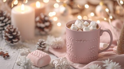 pastel pink mug with cacao and marshmallow, christmas decor on background