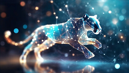 a beautiful jumping panther made of glowing particles, 5K, HQ, Plexus