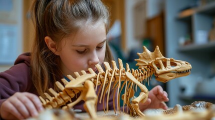 A young girl carefully piecing together a replica skeleton of a Stegosaurus in a puzzlelike activity.