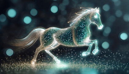 a beautiful emerald horse made of glowing particles, 5K, HQ