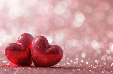 Fototapeta premium Two Red Hearts Resting on a Table