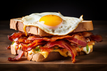 Bacon and egg breakfast sandwich close up with a runny yolk - 735397367