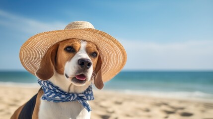 Beagle wear straw hat with large brim, beach on background , free copy space on the right