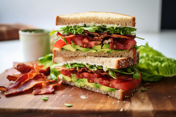 BLT sandwich, bacon lettuce and tomato on whole wheat bread in a white kitchen on the table for lunch - 735397505