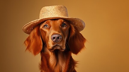 dog  wear straw hat with large brim, clean bright background