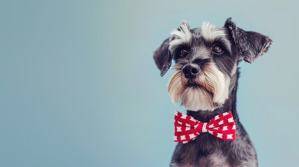 cheerful Miniature Schnauzer wear bow tie on neck ,  clean bright background, free copy space on the right