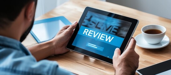 Businessman Holding a Tablet with the Word Review - Modern Technology and Feedback Concept - obrazy, fototapety, plakaty