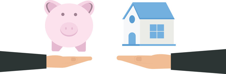 Businessman exchange between house and piggy bank and finance contract concept, 
