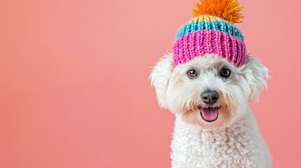 Bichon frise wear colorful knitted hat, clean pastel background