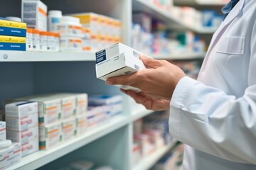 A pharmacist in a white coat, holding a small box of medicine in a well-stocked pharmacy.