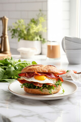 Bacon and egg breakfast sandwich in a white kitchen on the table with a runny yolk - 735398381