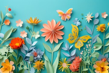 Fototapeta na wymiar Colorful paper flowers and butterflies on a blue background