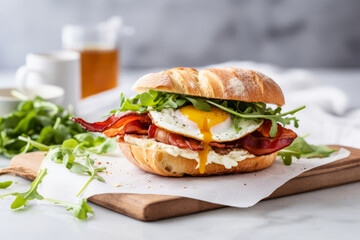 Bacon and egg breakfast sandwich in a white kitchen on the table with a runny yolk close up - 735398526