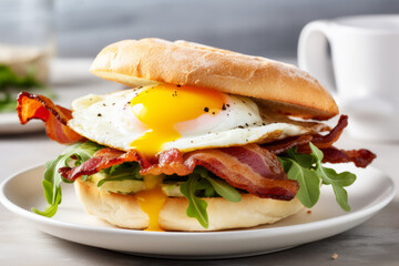 Bacon and egg breakfast sandwich in a white kitchen on the table with a runny yolk close up - 735398745