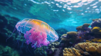 beautiful rainbow colored jellyfish, underwater life near Palau, --ar 16:9 --v 6 Job ID: b1124ca2-d2bd-4f98-80e1-0f25bdddfe27
