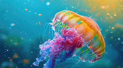 beautiful rainbow colored jellyfish, underwater life near Palau, --ar 16:9 --v 6 Job ID: b1124ca2-d2bd-4f98-80e1-0f25bdddfe27