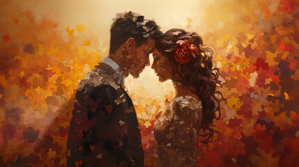 A romantic portrait of a man and a woman standing facing each other connected with puzzle pieces, in the spirit of Valentine's Day, with warm, cheerful colors.