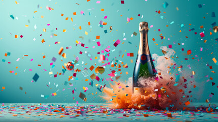 In the spirit of beautiful moments, a champagne bottle surrounded by colorful and shiny confetti, along with smoke bombs enveloping it, with warm and vivid colors.