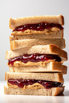 Tall stack of peanut butter and jelly sandwiches on white table