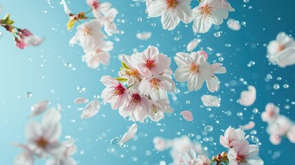 cherry blossom flowers floating in the air, isolated on blue background