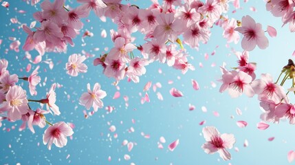 cherry blossom flowers floating in the air, isolated on blue background