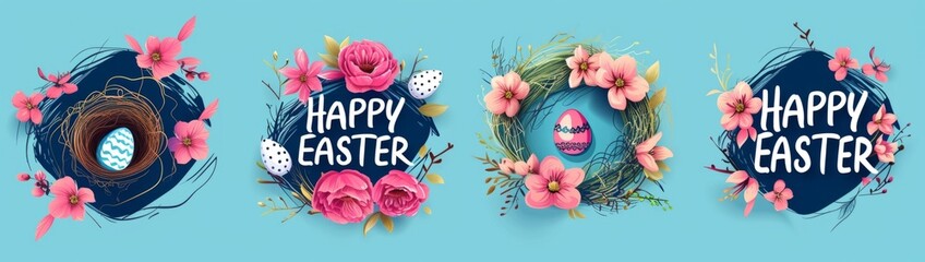 HAPPY EASTER 4 colorful banners with hand drawn flower designs on each side Generative AI
