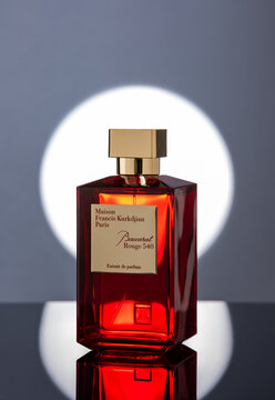 Kiev Ukraine 5 February 2024: Maison Francis Kurkdjian Baccarat Rouge 540 luxury perfume. Product photography composition for a perfume boutique. illustrative editorial picture