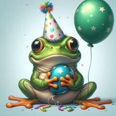 frog with a ball and party hat, leap year celebration, HD animals celebration