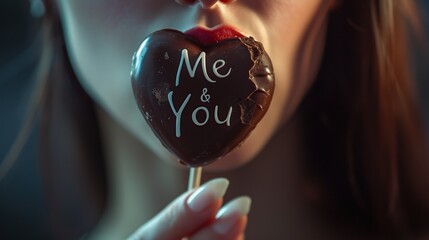 Young woman eating chocolate heart-shaped lollipop with the words me and you