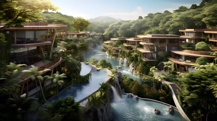 A master plan for a resort complex set amidst tropical rainforest, featuring luxury villas and cascading pools.