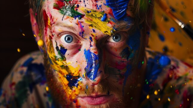 Colorful Artist Covered in Paint Splatters AI Generated.
