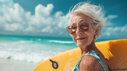 senior American woman ocean surfer on a white sand beach, with a surfboard