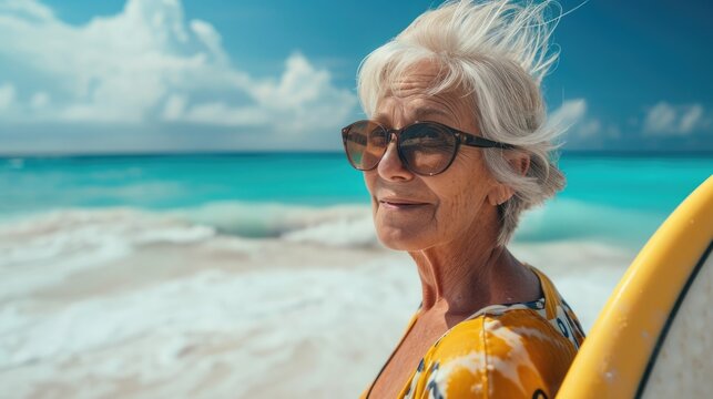 senior American woman ocean surfer on a white sand beach, with a surfboard