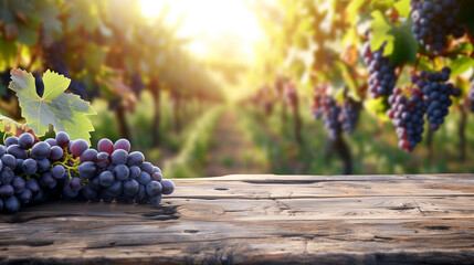 
Ripe grape harvest And Empty wooden table with rural background. Selective focus on tabletop.