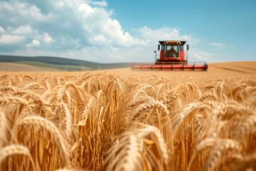 Obraz premium Combine harvests wheat, rye from the field, harvesting in autumn
