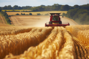 Combine harvests wheat, rye from the field, harvesting in autumn