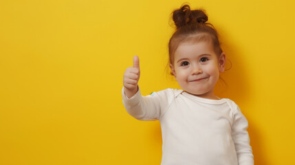 Retrato de uma menina bonitinha mostrando os polegares para cima em um fundo amarelo - obrazy, fototapety, plakaty