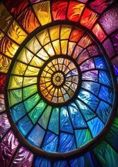 stained glass abstract background, snail shell shape , rainbow colored