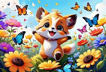 a cute fluffy animal is having fun in a meadow among spring flowers and catching butterflies.