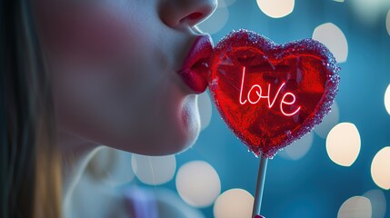 Closeup of a woman kissing a red heart shaped lollipop with the word love