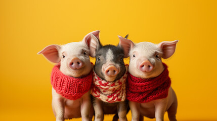 Obraz na płótnie Canvas .Several adorable little piglets stand with red scarves, happy and smiling, in front of a yellow monochrome background, in the style of funny and irresistible pets.