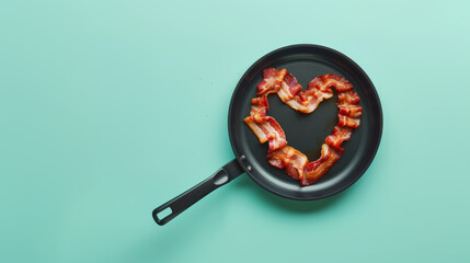 .Top-down view of a pan with juicy and crispy heart-shaped bacon on a soft light blue background, in the spirit of love for delicious food.