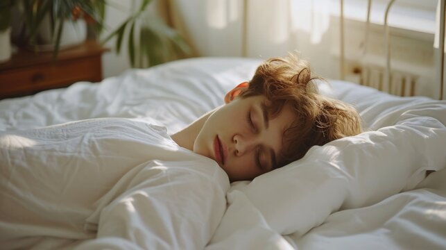 photo of teenager sleep relaxed on the bed, wear pajamas, white bedlinen, close up side view, minimalistic interior, soft light, --ar 16:9 --v 6 Job ID: 868f371a-f9f4-4808-8a3f-7bf7bf93a1a5