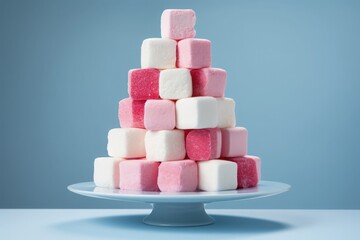 A pyramid of pink and white marshmallows is artfully stacked on a blue cake stand against a soft blue background