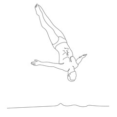 Male swimmer diving into swimming pool vector continuous line illustration. Athlete sportsman diving, isolated on white. Sport theme.