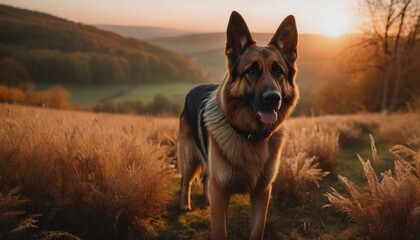 german shepherd, dog at dawn, purebred dog in nature, happy dog, beautiful dog